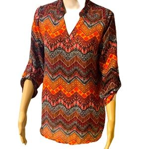 Cato Aztec Stripe V-Neck Hi-Lo Blouse, Multi Colored